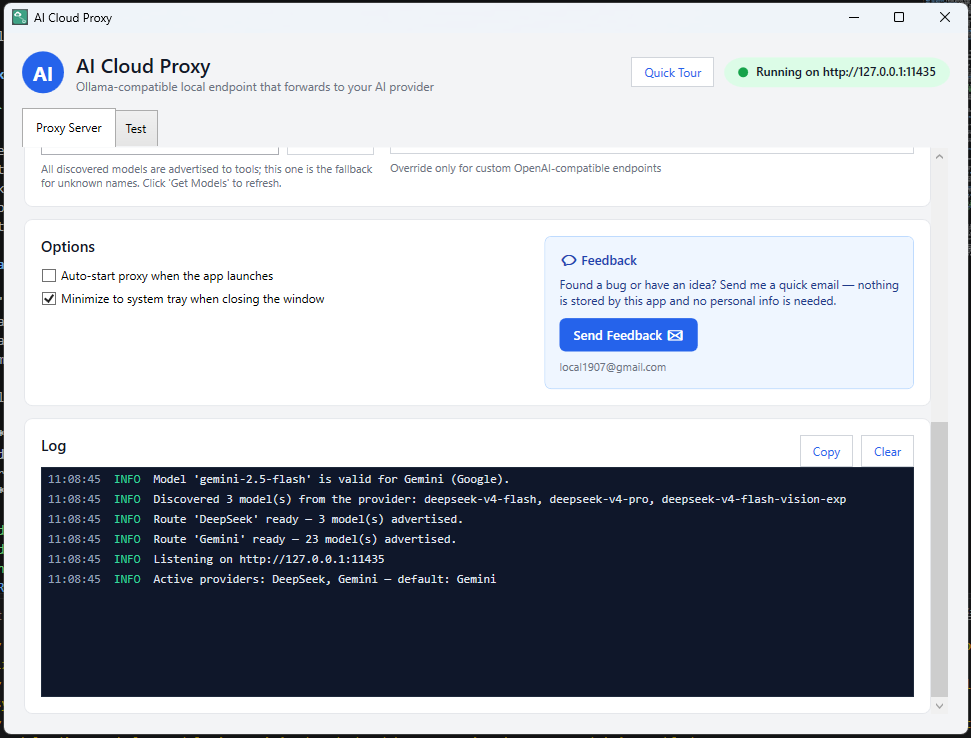 AI Cloud Proxy options, feedback panel and live log showing the active providers