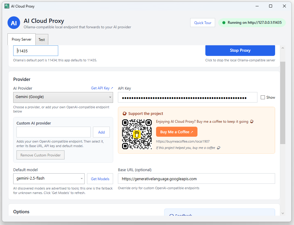 AI Cloud Proxy main window: provider selection, API key, port, Start/Stop and a green Running badge