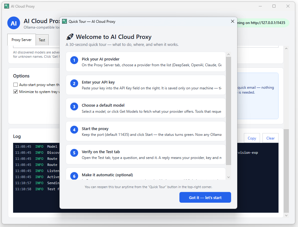 AI Cloud Proxy first-run Quick Tour dialog walking through the setup steps