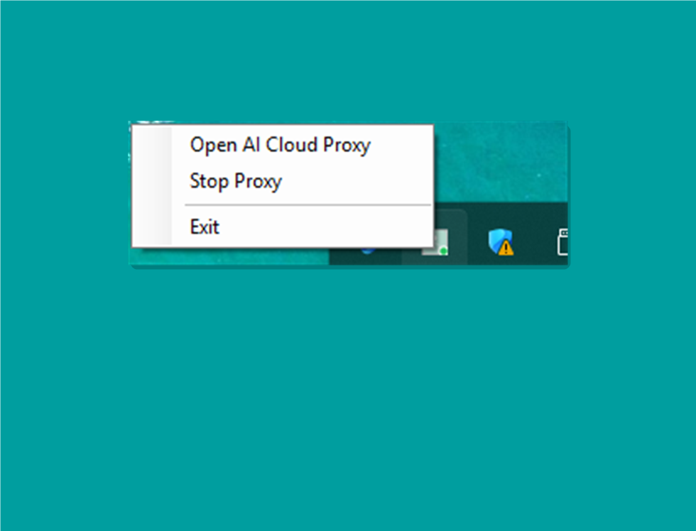 AI Cloud Proxy system tray context menu — Open, Start/Stop Proxy, Exit