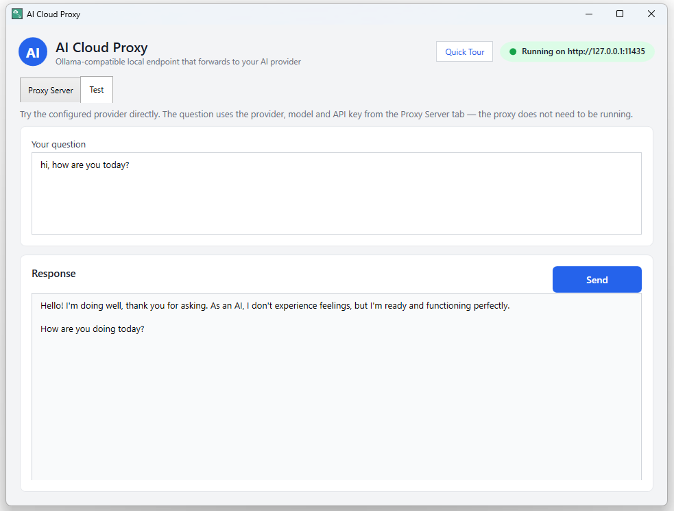 AI Cloud Proxy Test tab streaming a live answer from the selected provider